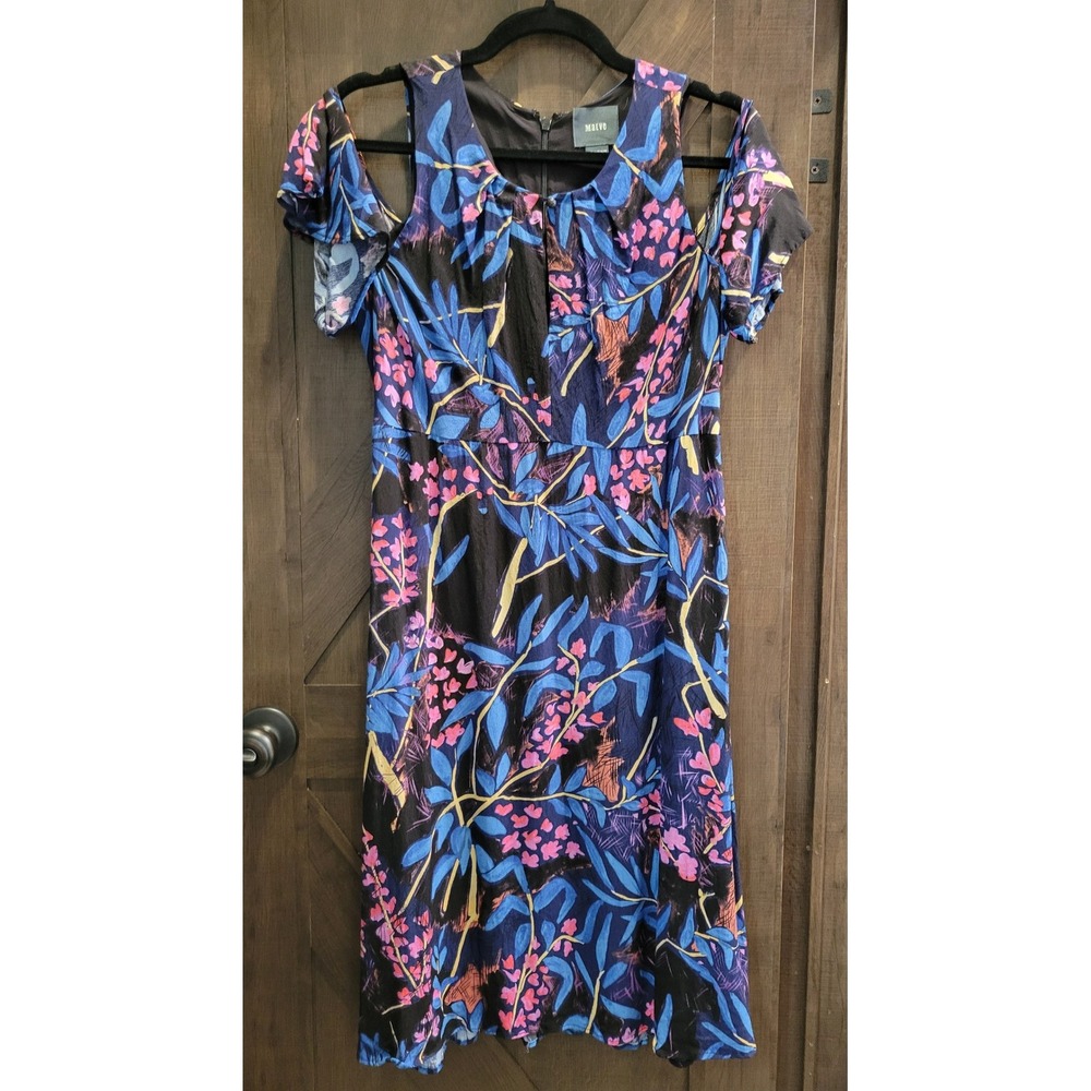 Maeve Anthropologie Floral Cold Shoulder‎ Midi Dress Blue Pink Tropical Size 8